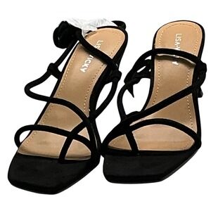 LISA VICKY Zag Black Suede Strappy Square Toe Block Heel Sandals Women's Size 6